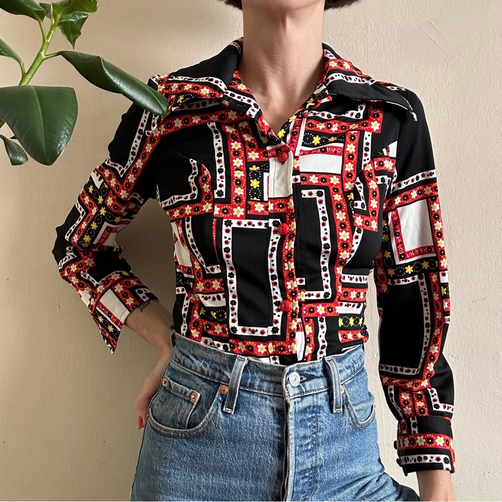 Wacky Retro Patchwork-Patterned Blouse - image 1
